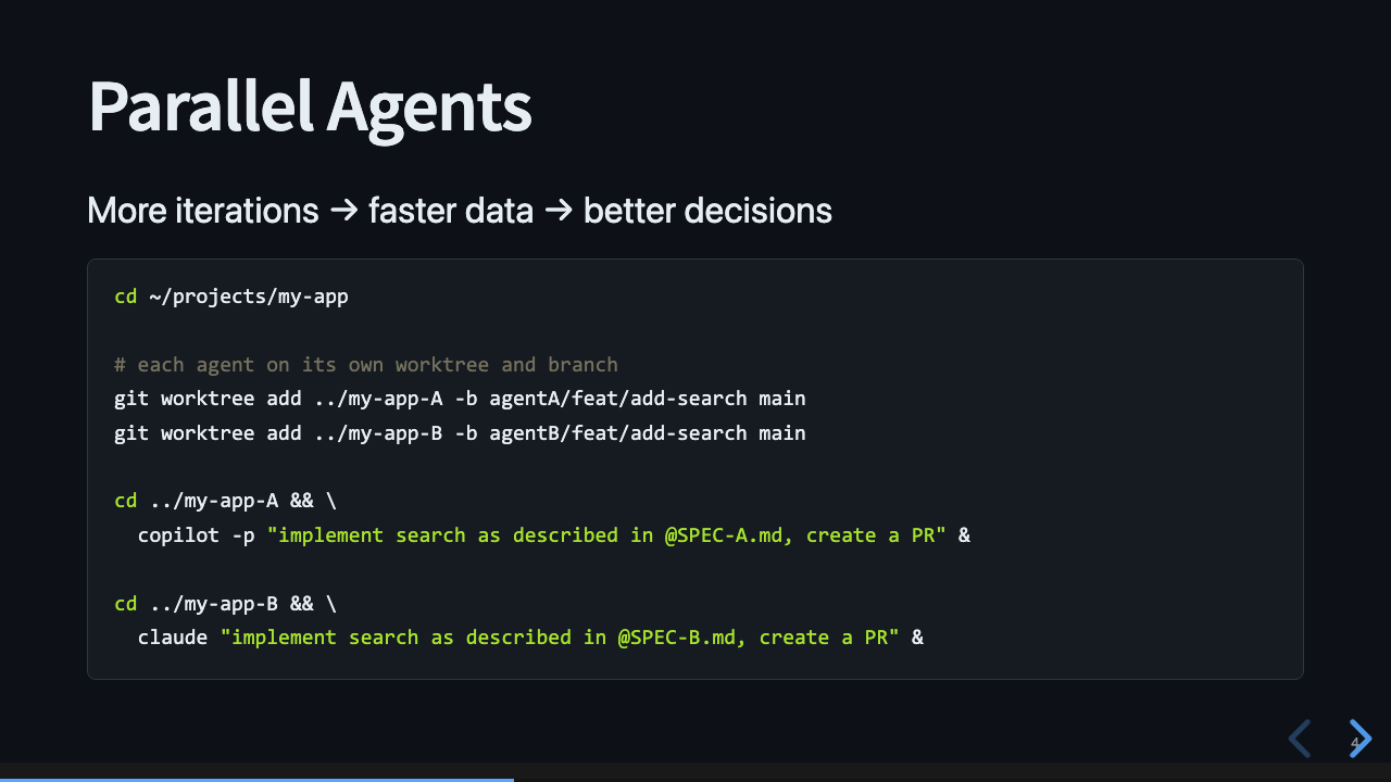 Slide: Parallel Agents. Header says more iterations, faster data, better decisions. A code block shows git worktree commands creating two separate worktrees, then launching copilot and claude agents in parallel on the same feature with different specs.