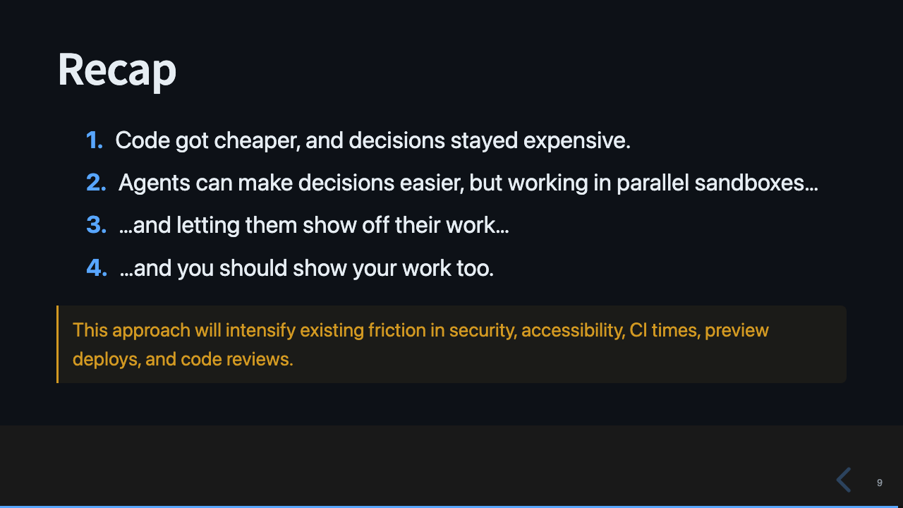 Slide: Recap. Four numbered points: code got cheaper and decisions stayed expensive, agents can make decisions easier but working in parallel sandboxes, and letting them show off their work, and you should show your work too. A warning note at the bottom reads: this approach will intensify existing friction in security, accessibility, CI times, preview deploys, and code reviews.
